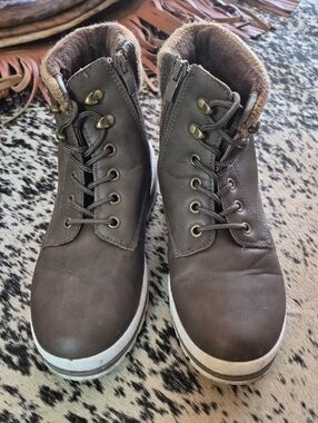 Women's Brown Lace-Up Ankle Booties with Faux Fur Collar